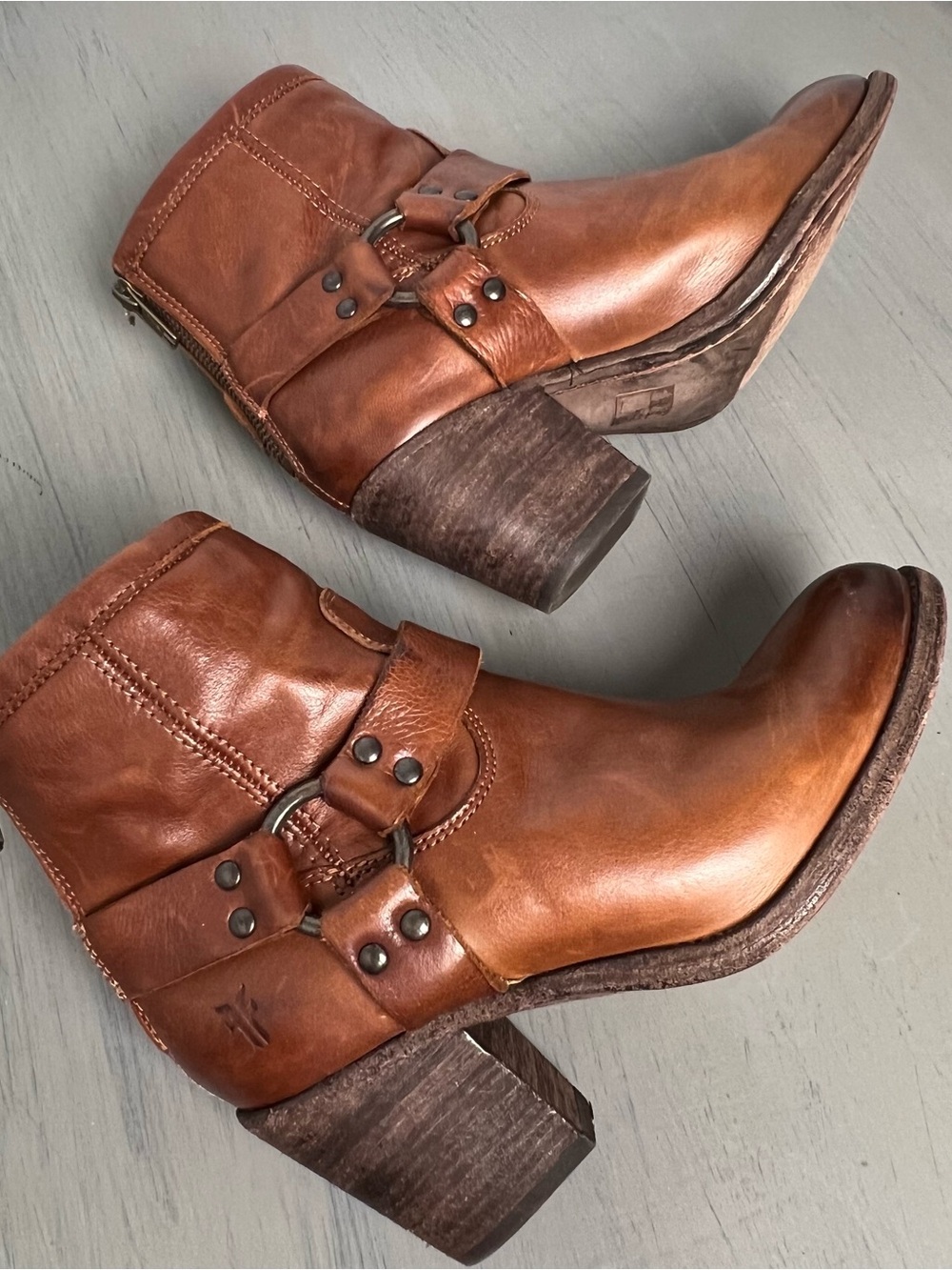 Frye Cognac Brown Harness Leather Ankle Boots